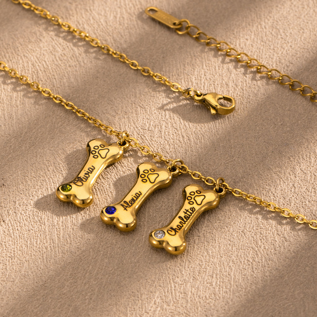 ART FUREVER custom pet jewelry - personalized engraved silver bone shaped necklace - pet name charm and minimalistic design