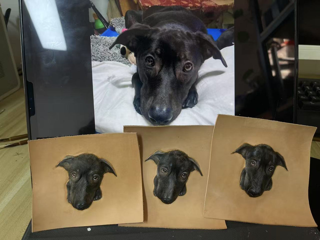 ART FUREVER - custom pet leather carving portrait - engraved vegetable-tanned leather - lifelike pet features and fine craftsmanship