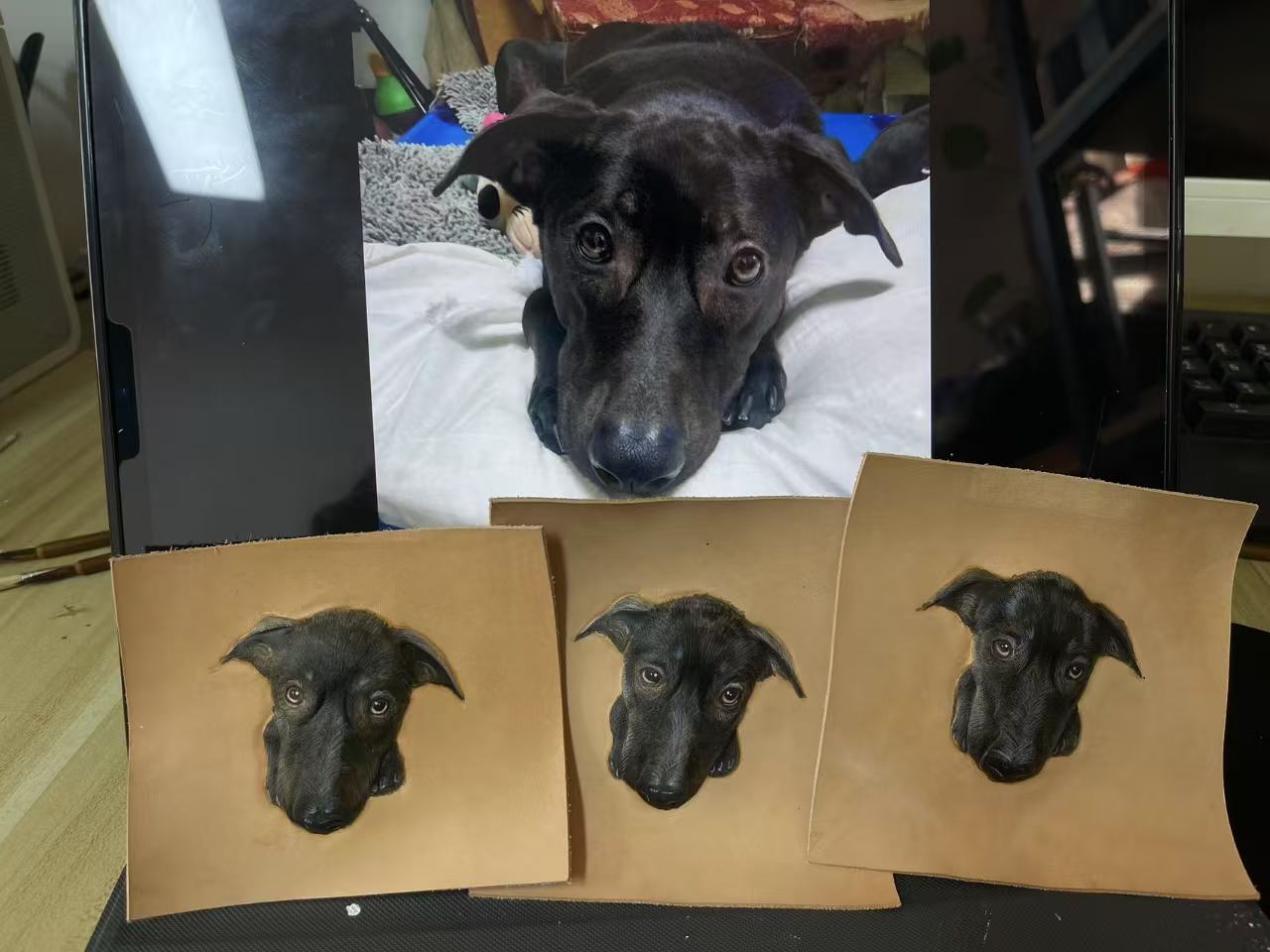 ART FUREVER - custom pet leather carving portrait - engraved vegetable-tanned leather - lifelike pet features and fine craftsmanship